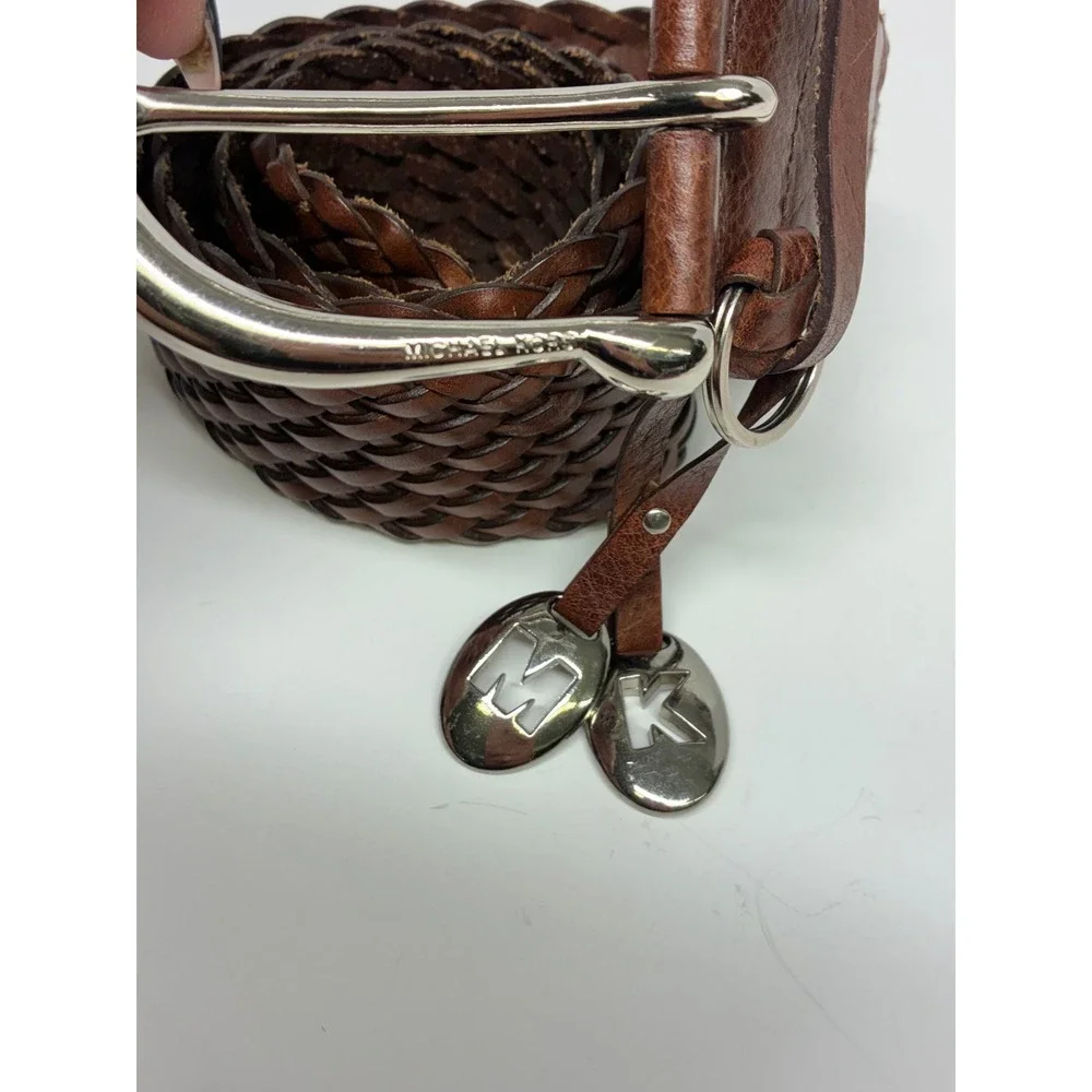 MICHAEL M Kors Brown Braided Leather Belt M Boho Woven Silver MK Charm Wide